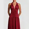 Vestido Longo de Festa Europeu e Americano com Decote Halter Profundo V, Saia Longa, Franzidos na Cintura, Cintura Marcada, Barra Larga