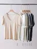 Camiseta com Gola de Ovo de Ganso em Linho Acetato Feminina Top de Manga Curta com Gola U em Tencel Lyocell Tecido Respirável de Lyocell