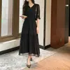 Vestido de seda bordado en blanco y negro, seda de morera pesada, vestido largo negro de manga corta para mujer, verano 2026