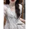 Vestido de Encaje de Estilo Suave con Manga Abullonada para Mujer 2025 Verano Nuevo Estilo Moda Falda Evasé de Cintura Alta Delgada de Largo Medio Tendencia
