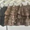 Saia de bolo com estampa de leopardo estilo coreano Ruoxin para mulheres, saia multicamadas de cintura alta, saia curta bufante que rejuvenesce, meia-saia de camurça para outono