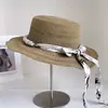 Chapéu de palha com aba reta, laço de fita com estampa floral fresca, para mulheres, férias de verão, proteção solar para a praia