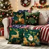 Funda de Cojín Navideña Verde Oscuro y Dorado de Lujo Ligero Funda de Almohada con Estampado de Reno y Guirnalda de Moda Funda de Almohada de Dibujos Animados para Sala de Estar y Dormitorio