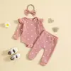 Comércio Exterior meninas primavera e outono novo conjunto amor estampado waffle manga longa macacão + calça + faixa de cabelo conjunto de três peças