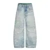 Jeans Retro Americano con Estampado de Rayos 3D y Pedrería, Diseño Cleanfit, Pantalones Sueltos de Pierna Ancha Scimitar