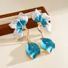 Pendientes de Acero con Aguja de Floración de Bloques de Color con Goteo de Aceite Estilo Vacacional Europeo y Americano, Pendientes Personalizados de Gama Alta Transfronterizos, Accesorios de Oreja de Pétalo de Nicho para Mujeres