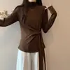 Estilo Novo de Outono para Mulheres Plus Size com Colarinho Médio-Alto de Tira, Aparência Emagrecedora, Top Interno de Manga Longa