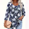 2026 Camisa Feminina Plus Size Floral Transfronteiriça com Mangas Três Quartos, Camiseta com Franzido no Peito, Camiseta Modeladora Plus Size