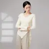 Conjunto de práctica de danza moderna para mujer, top de manga larga irregular con paneles de malla en la parte delantera y trasera, ropa de entrenamiento corporal diario para estudiantes de danza