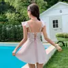 Trajes de Baño al por Mayor para Madre e Hija 2025 Nuevo Estilo de Falda Dividida con Volantes y Moño Traje de Baño para Niños Pequeños y Medianos para Padres e Hijos para Mujeres