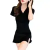 Vestido bodycon de cuello en V estilo francés para mujer, Nuevo modelo Verano 2026, Elegante vestido negro pequeño ajustado sexy
