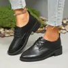 Sapatos Femininos de Salto Grosso Primavera e Outono 2024, Estilo Coreano de Cano Baixo Pretos Profissionais para Trabalho, Bico Redondo com Cadarço, Salto Quadrado, Sapatos de Couro