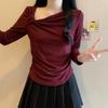 [1*1 Derong] Ropa de Mujer de Talla Grande Otoño e Invierno Nueva Camiseta de Manga Larga Plisada Camiseta Básica con Forro Polar Top 200