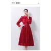 Vestido con Cuello Bordado para Mujer Mangas Largas Tipo Farol Cintura Ajustable con Cordones Falda de Línea A de Longitud Media Ropa Transfronteriza para Mujer Europea y Americana