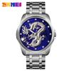 Reloj Skmei Estilo Chino Tótem de Dragón Correa de Acero Inoxidable Grabada Calendario de Negocios para Hombre con Esfera Grande