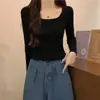 Camiseta básica cuadrada para mujer OEM, nuevo estilo otoño/invierno 2026, corte ajustado, alta gama, suéter de punto con forro polar de cuello bajo