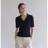 Camiseta Polo de Punto Negra con Solapa Francesa para Mujer, Verano, Ajustada, Seda de Hielo, Manga Corta, Top Delgado