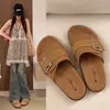 Sandálias rasteirinhas de linho com retalhos e fivela de metal para mulheres, chinelos de verão antiderrapantes estilo coreano, simples, versáteis, para casa e ao ar livre para mulheres