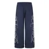 Calça Casual Reta com Bordado Floral Cruzado Lateral para Homens, Design Moderno Europeu e Americano, Calça Esportiva Solta