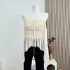 Blusa Feminina de Chiffon Off-The-Shoulder Bege com Tom Aquático Fresco, Top Curto para Primavera/Verão