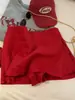 Falda de Lino Roja Retro para Mujer Verano Sentido del Diseño Nicho Cintura Alta Falda Línea A Talla Grande Casual Abertura Minifalda Pantalones