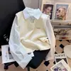 Colete de tricô cinza com camisa listrada de duas peças falsas para mulheres, conjunto estilo coreano, top cardigã polo para outono
