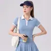 Conjunto de Tênis Polo Colorido com Gola Canelada de Manga Curta para Mulheres, Saia de Tênis Anti-Exposição, Secagem Rápida e Respirável
