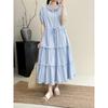 Verano Nuevo Estilo Artístico Japonés Mori Girl Cuello Redondo Cordón Estilo Suave Falda Larga Color Sólido Manga Corta Suelta Falda Pastel