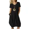 2026 Nova Moda Feminina Transfronteiriça Amazon Wish Algodão e Linho de Alta Qualidade Manga Curta Solta Gola Redonda Bolso Vestido para Mulheres