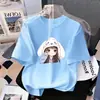 Camiseta de Manga Corta de Algodón Puro para Niñas Verano Nuevo Estilo Dibujos Animados Casual Versátil Top de Media Manga para Niños Medianos y Grandes