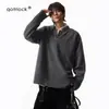 Camiseta de manga longa com padrão espinha de peixe texturizado para homens, estilo retrô americano de outono, moderna, modelagem solta, tamanho grande, top casual com gola henley
