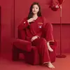 Novos Pijamas de Primavera/Outono para Mulheres, Algodão Puro Confortável, Manga Longa, Calça Longa, Corte Amplo, Gola Lapela, Vermelho, Ano do Rato, Cardigã, Roupa de Casa