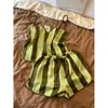 Pijama de camisola a rayas verdes estilo japonés para mujer, nuevo modelo verano 2026, conjunto fresco y cómodo de shorts para casa