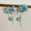 Aretes de Borlas Exageradas de Flor Azul para Mujer, Aretes Súper Hada Únicos y Hermosos de Primavera y Verano, Aretes Estilo Resort Costero