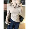 Camiseta Manga Longa com Gola Polo para Mulheres, Design de Primavera e Outono, Falso Duas Peças, Ajuste na Cintura, Camisa Base Emagrecedora, Top Interno Tendência