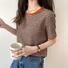 Camiseta de Manga Corta a Rayas para Mujer Verano Nuevo Estilo Coreano Holgada para Mujer Cuello Redondo Manga Media Casual Camiseta Tops para Mujer Venta al por Mayor
