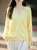 Cardigan de Tricô de Lã Sem Costura de Seda de Amora para Mulheres, Gola V, Manga Longa, Solto, Casual, Versátil, Peça de Roupa Externa Escovada