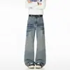 Jeans de Mezclilla Lavada con Patrón de Nudo de Bambú y Remaches Americanos para Hombre Corte Slim Fit Vibe Pantalones High Street Pierna Recta Ligeramente Acampanados Pantalones Largos