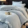 Juego de ropa de cama de cuatro piezas estilo princesa francesa 8D con relieve de terciopelo de leche, engrosado, cálido, felpudo, con encaje femenino, para invierno