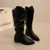 Botas Longas Marrons de Cano Alto com Bico V para Mulheres 2025 Nova Coleção de Primavera Salto Grosso Camurça Botas Altas de Cavaleiro Botas Western Populares
