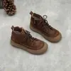 Botines Cortos Originales Hechos a Mano de Piel Genuina 2026 Otoño/Invierno Nuevos Suela Gruesa Plana Punta Redonda Con Cordones Casuales de Piel de Vaca Suave Botas para Mujer