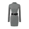 Vestido Básico Ajustado de Manga Larga con Cuello Semi-Alto, Estilo Chica Sexy Caliente, con Cinturón, Nuevo Estilo Primavera, Falda Corta Ajustada al Cuerpo