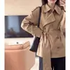 Trench Coat Khaki Retro de Manga Longa Feminino Novo Estilo Primavera e Outono Gola Lapela Cinto Cintura Marcada Emagrecedor Estilo Coreano Versátil para o Trabalho