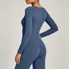 Ropa de Yoga para Mujer de Primavera y Otoño, Top Deportivo de Manga Larga con Cuello en V Ajustado, Camiseta de Hombro Normal, Moda con Sensación Nude, Ropa de Entrenamiento Físico de Secado Rápido