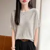 Nuevo Suéter de Punto Redondo con Mangas Murciélago, Manga Corta, Color Sólido, Calado, Corte Holgado, Camiseta Base Superior
