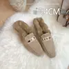 Pantuflas de felpa de algodón para mujer, de tacón plano, punta cuadrada, con hebilla metálica, estilo slip-on y diseño de media punta, adecuadas para otoño e invierno