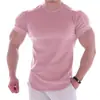 Camiseta deportiva de algodón elástico de manga corta para hombre, color liso, de verano, para fitness, absorbente de sudor, cuello redondo