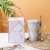 Taza de Cerámica de Mármol Taza para Beber Taza para Avena Desayuno Taza para Café Doméstica de Aspecto Elegante con Tapa y Cuchara