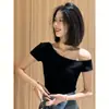 Al por mayor transfronterizo Verano Algodón Color Sólido Hombro Descubierto Corta Ajustada Manga Corta Camiseta Mujer Pura Sexy Elegante Camiseta Básica
