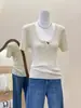 Disponible en Cuatro Colores~ Camiseta de Punto de Manga Corta Elegante Ajustada Minimalista de Alta Gama con Bloques de Color acanalados